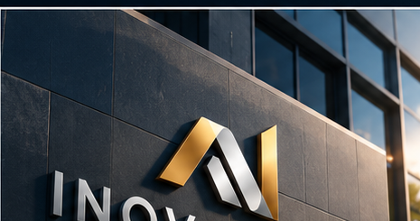 Mise en situation du logo INOVALYANCE sur une façade d'immeuble (visuel de charte graphique)